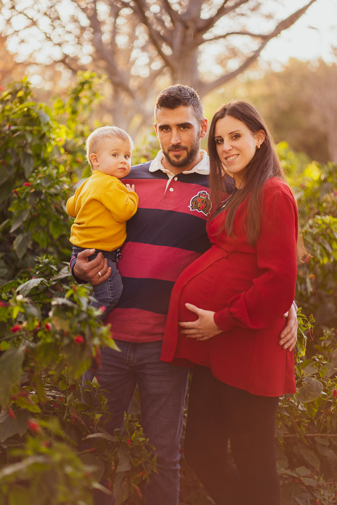 alt="reportaje familia en el parque con mujer embazada y niño pequeño¨